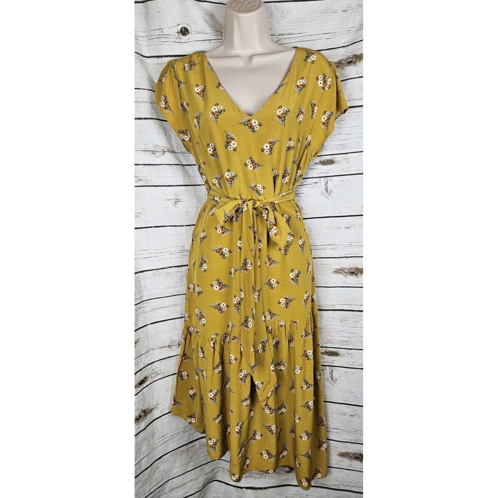 Boden Mustard Floral Shirt Dress US 10P Asymmetrial Ruffle V-Neck Cottagecore